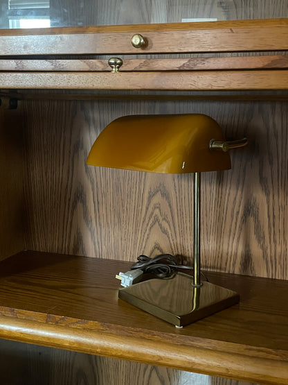 Brass & Amber Bankers Lamp with Minimalist Gold Metal Base Plate