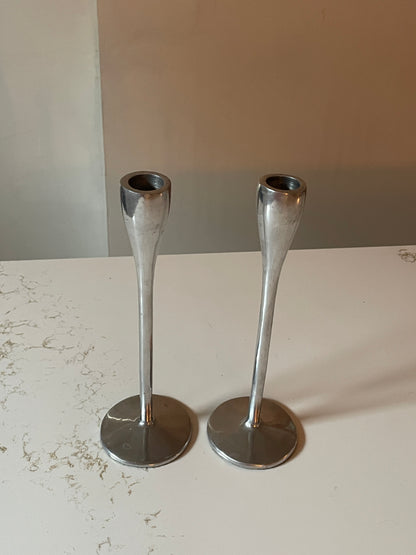 Vintage Silver Brushed Candle Holder Pair