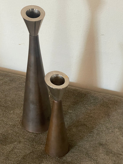 1960’s Metal Coated Chrome and Brushed Bronze Taper Candle Holders - Sold as a pair