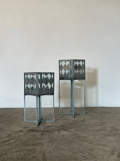 Handcrafted Diamond Metal and Glass Cubed Candle Podiums sold as a pair of 2
