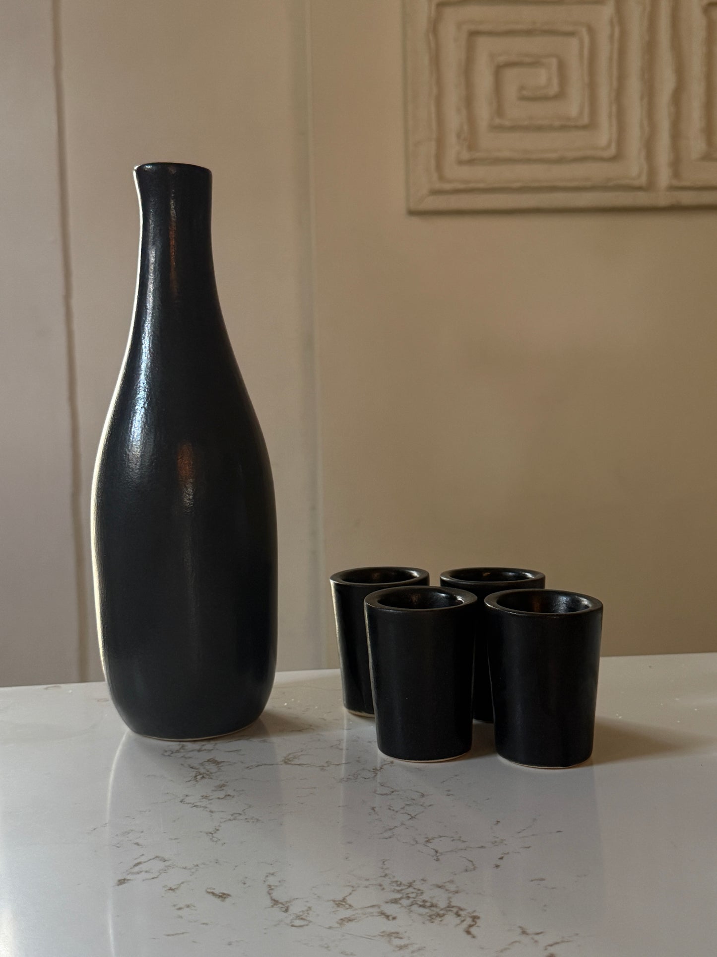 El Palomar Mexican White Clay Black Glazed Mezcal Decanter Set