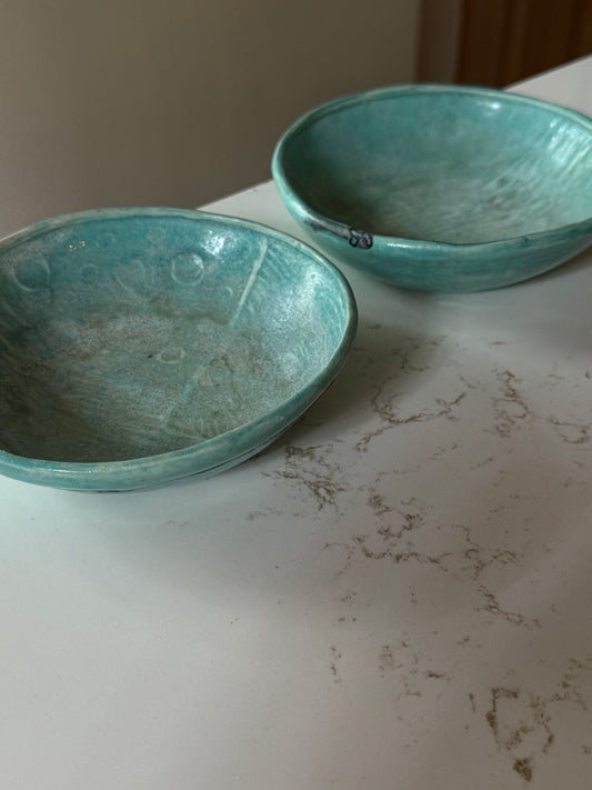 Pair of Handmade Teal Glazed Sculptured Bowls with Interior Designs