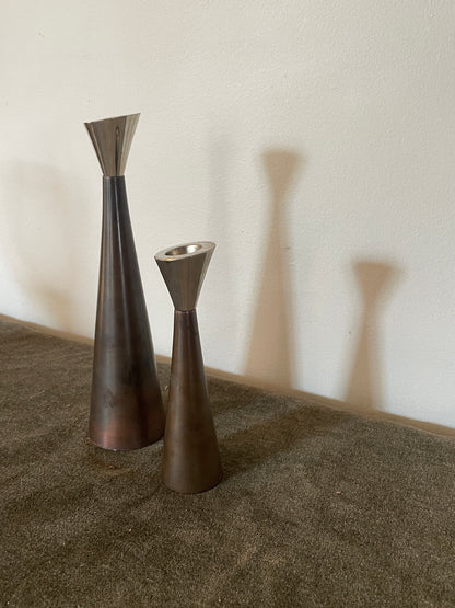 1960’s Metal Coated Chrome and Brushed Bronze Taper Candle Holders - Sold as a pair