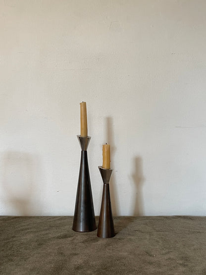 1960’s Metal Coated Chrome and Brushed Bronze Taper Candle Holders - Sold as a pair