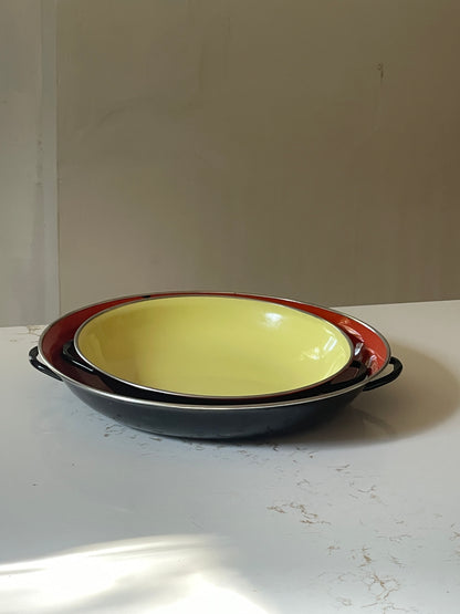 Vintage Midcentury Yugoslavian Red and Yellow Enamel Pans