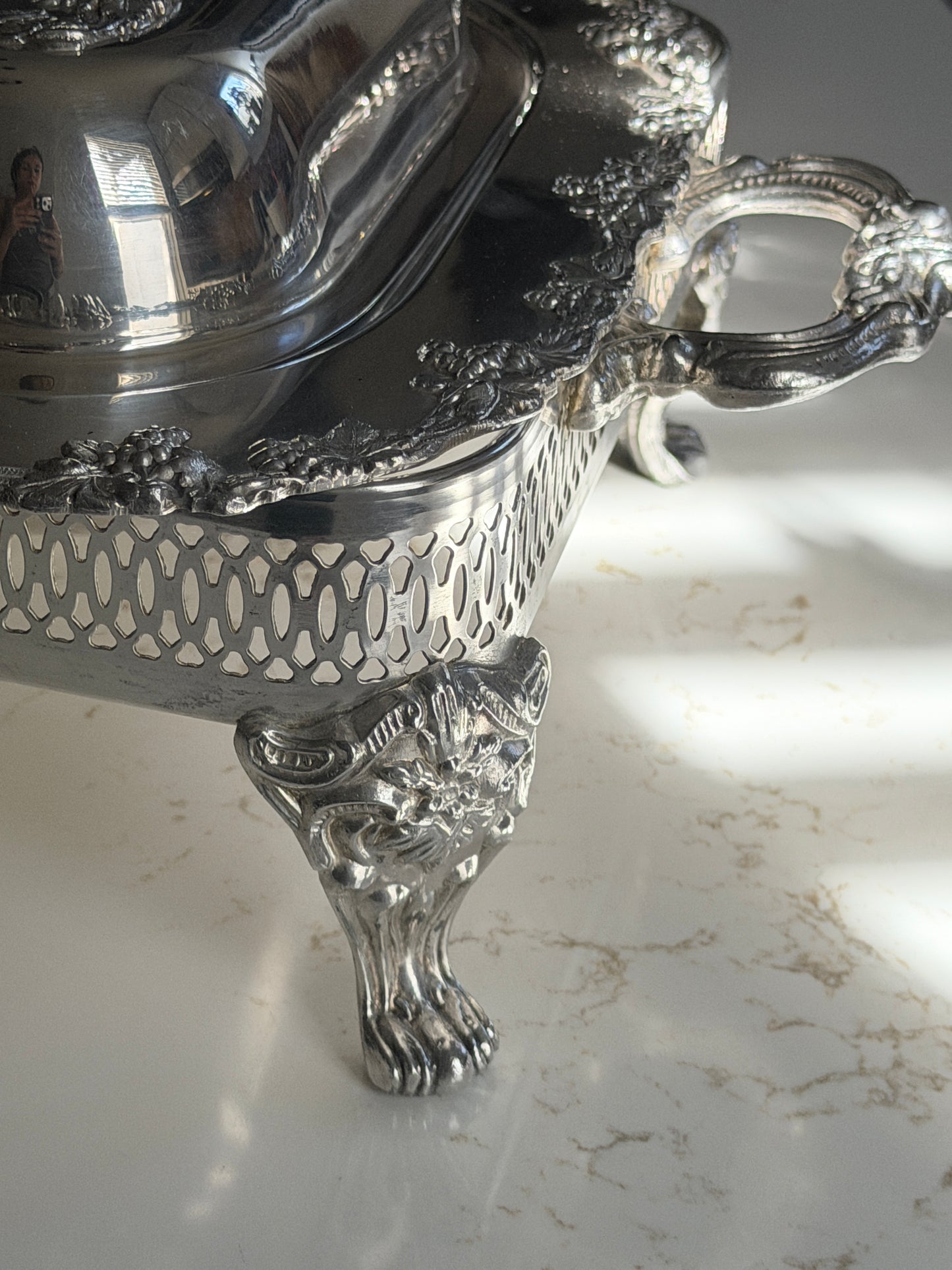 Silver Plated Grapevine Lidded Serving Dish + Stand by Old Sheffield Reproduction