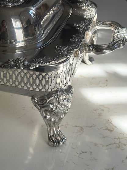 Silver Plated Grapevine Lidded Serving Dish + Stand by Old Sheffield Reproduction