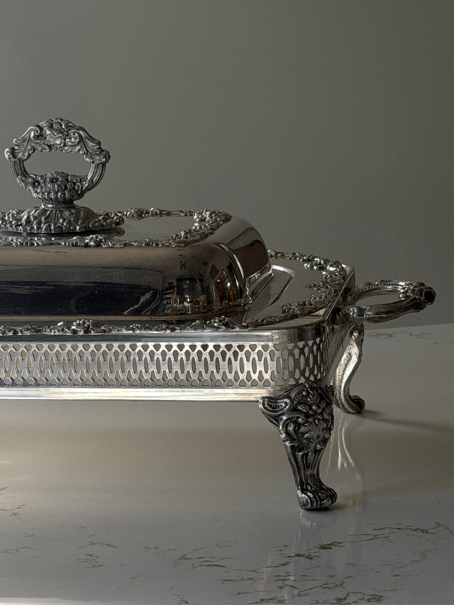 Silver Plated Grapevine Lidded Serving Dish + Stand by Old Sheffield Reproduction