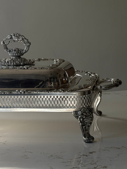 Silver Plated Grapevine Lidded Serving Dish + Stand by Old Sheffield Reproduction