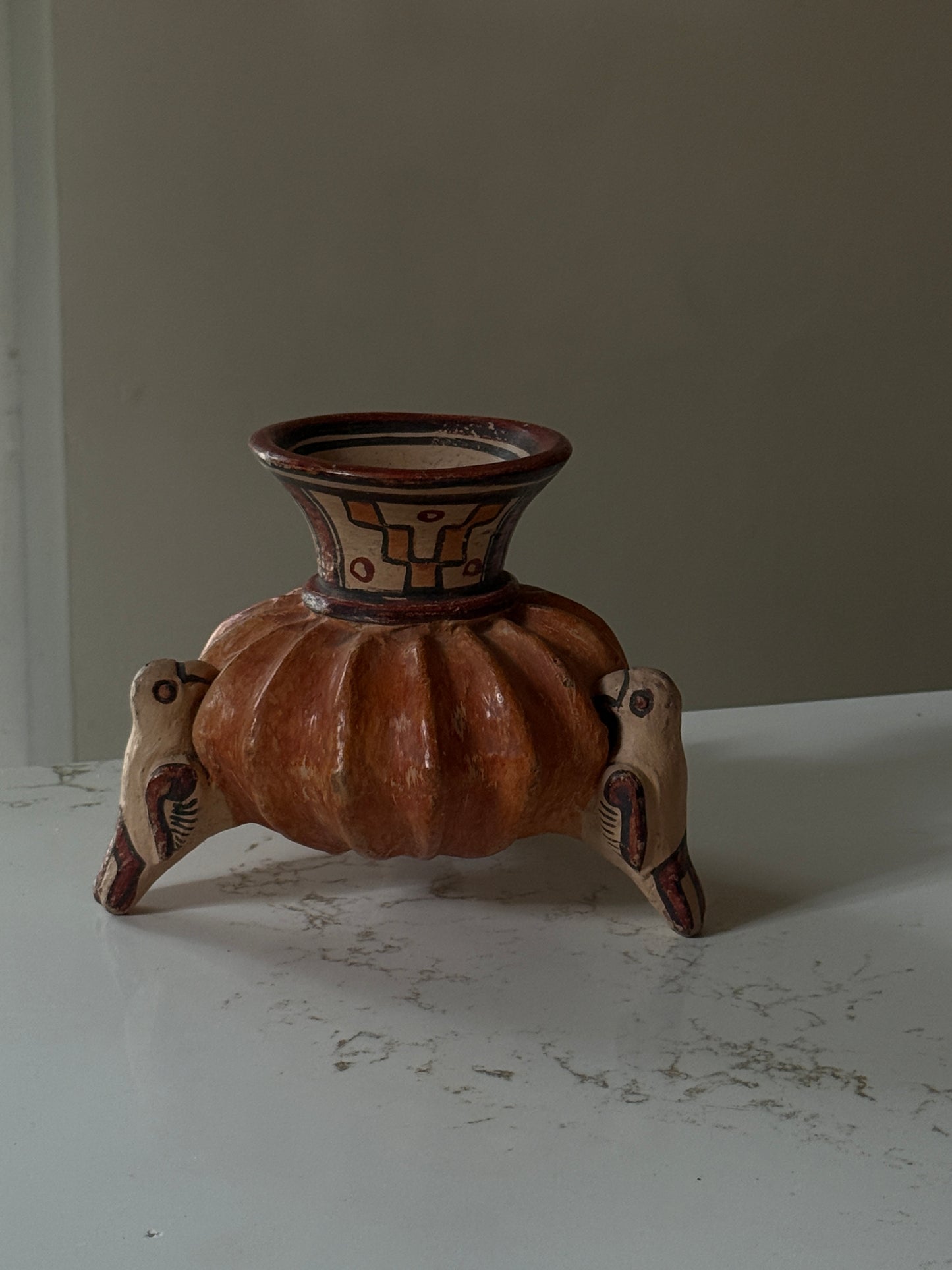 Vintage Mayan Tri-leg Red Clay Folk Art Bird Vessel with Hand Painted Mayan Patterns- RARE