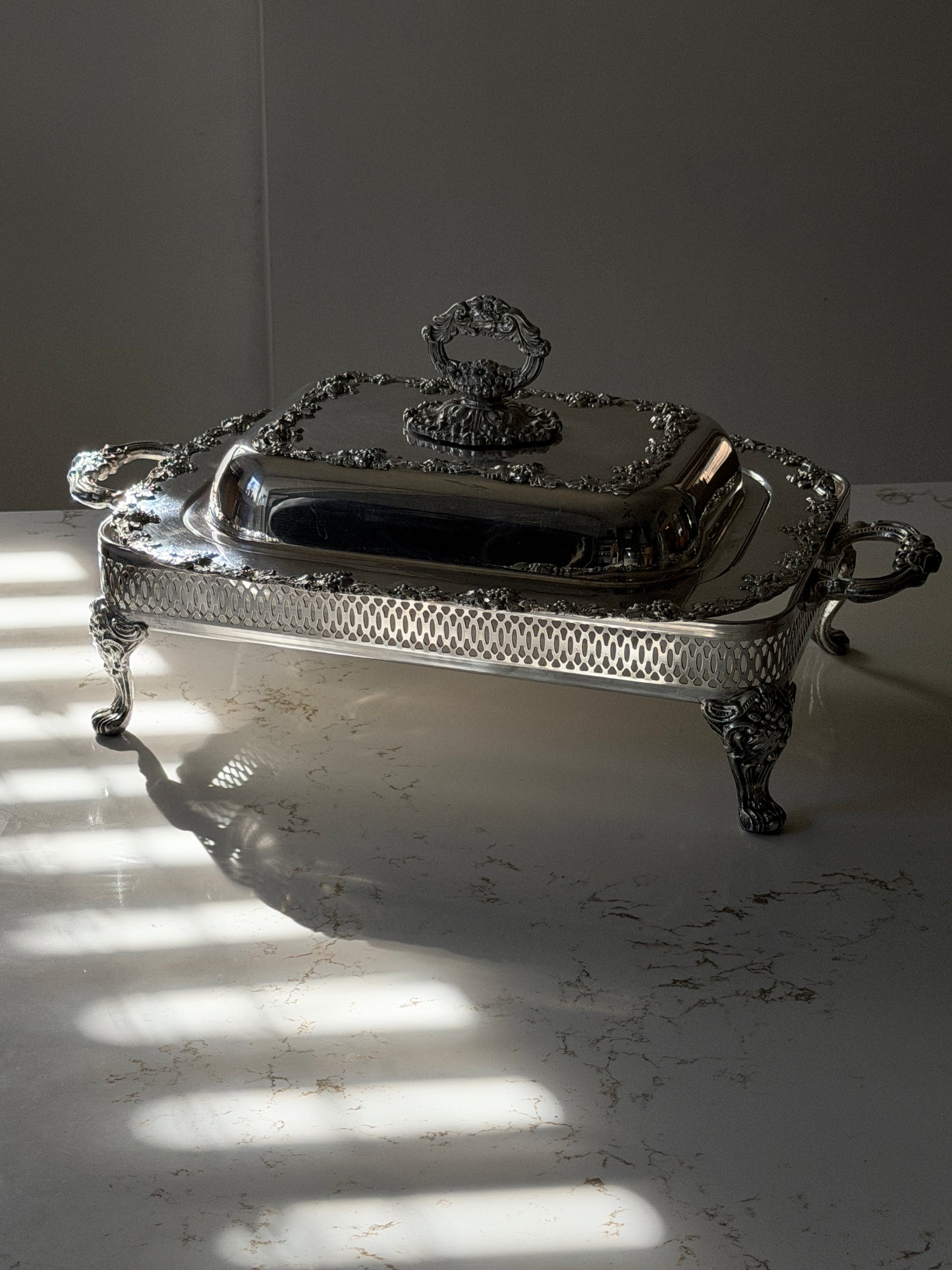 Silver Plated Grapevine Lidded Serving Dish + Stand by Old Sheffield Reproduction