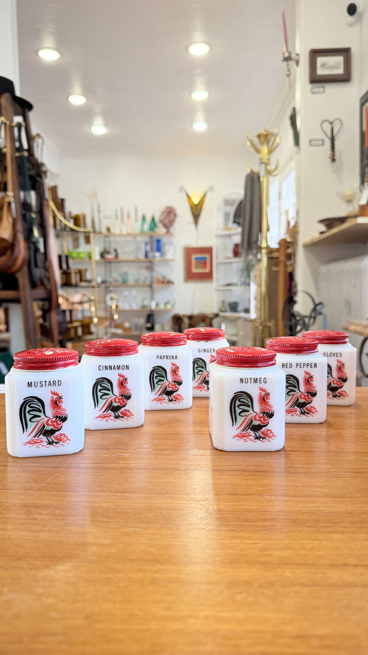 1930’s McKee Tipp City Milk Glasses 7 piece Red Rooster Spice Set