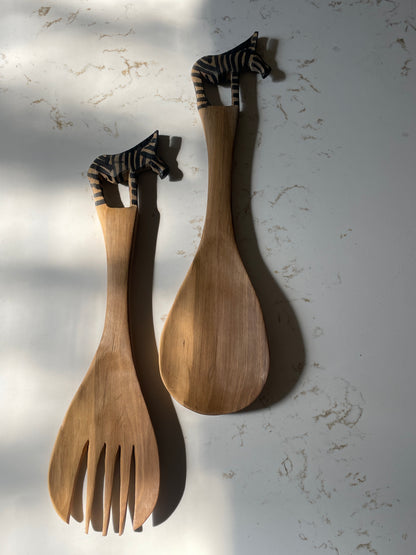 Wood Carved and Painted Zebra Salad Servers