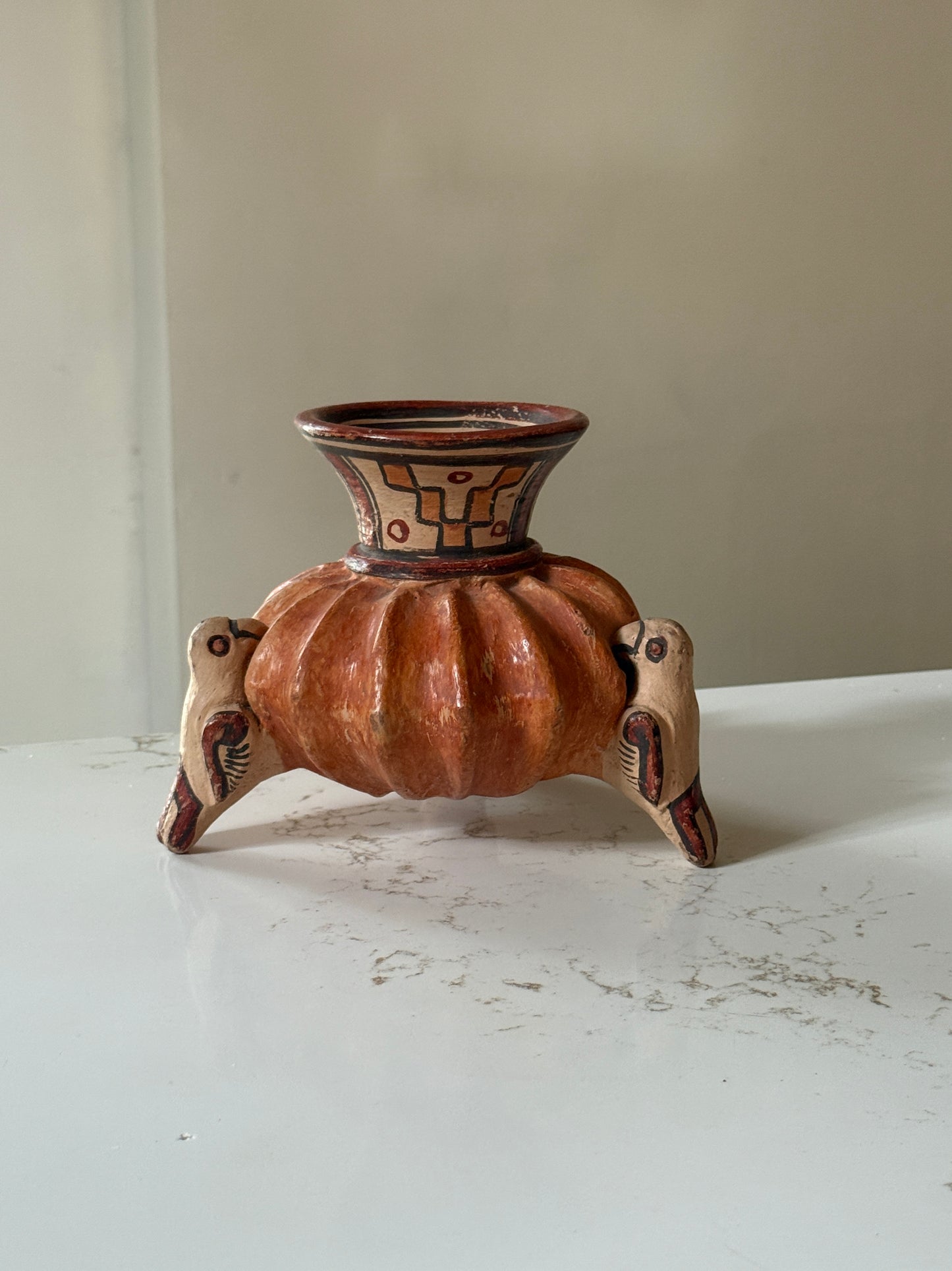 Vintage Mayan Tri-leg Red Clay Folk Art Bird Vessel with Hand Painted Mayan Patterns- RARE