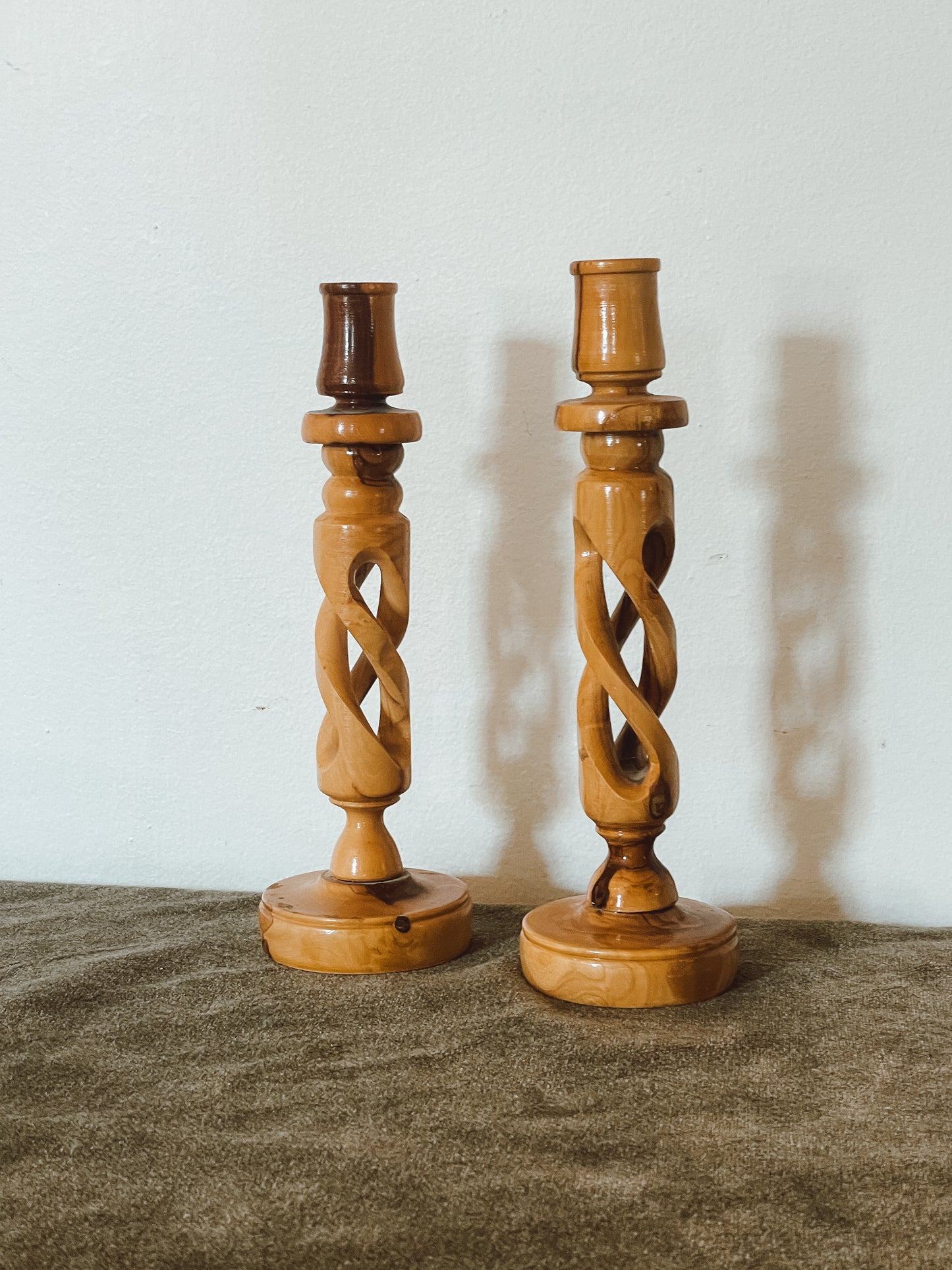 Carved Olive Wood Twisted Candlestick Holder - Sold as a pair of 2