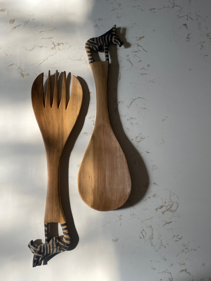 Wood Carved and Painted Zebra Salad Servers