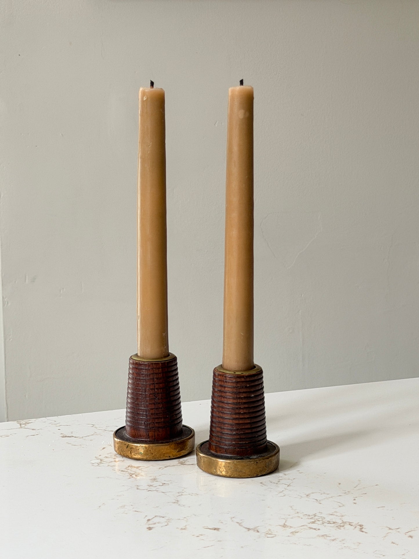 Pair of Vintage Wool Loom Spool Candle Holders with Hammered Brass Adornments