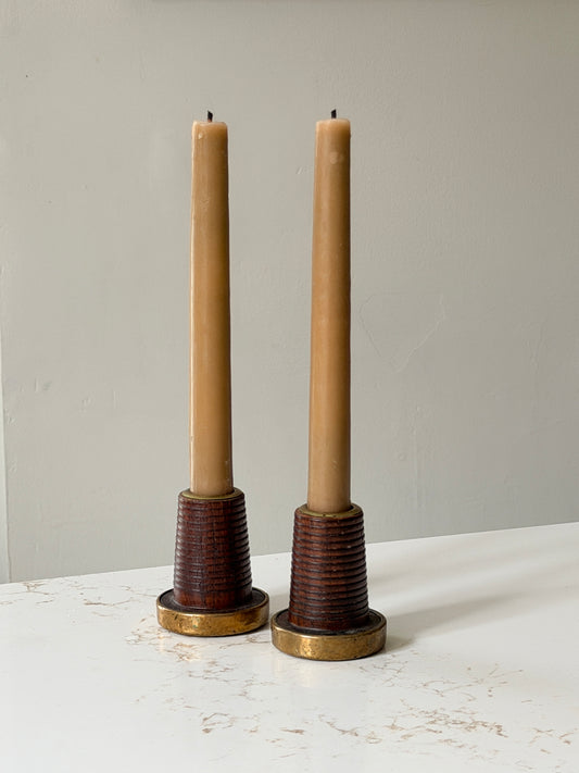 Pair of Vintage Wool Loom Spool Candle Holders with Hammered Brass Adornments
