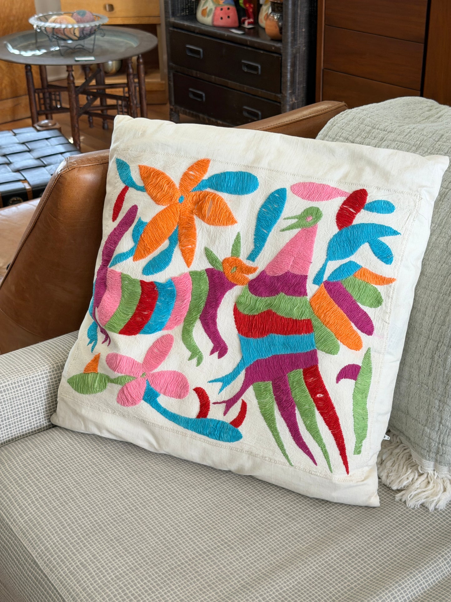 Vintage Tenango Hand Sewn Otomi Embroidered Folklore Pillowcase and Insert