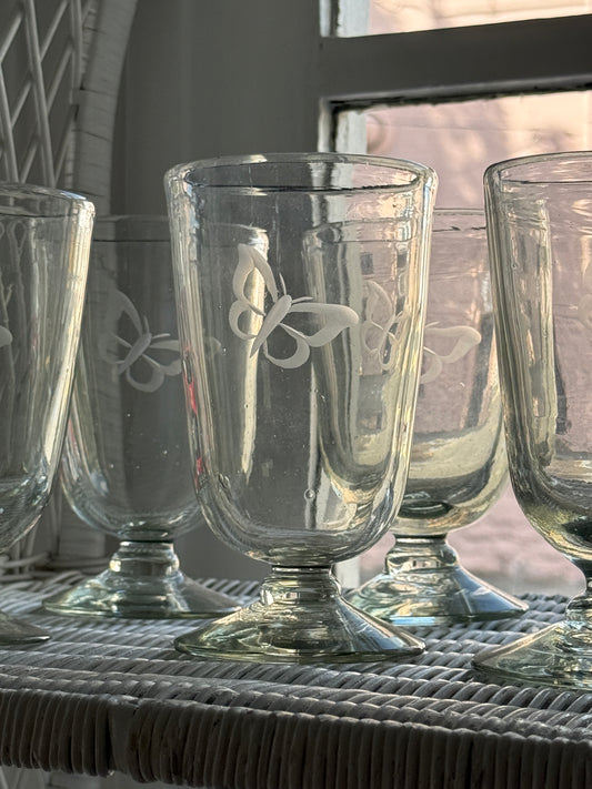 Glass Blown Butterfly Etched Chalice Glasses sold as a set of 6