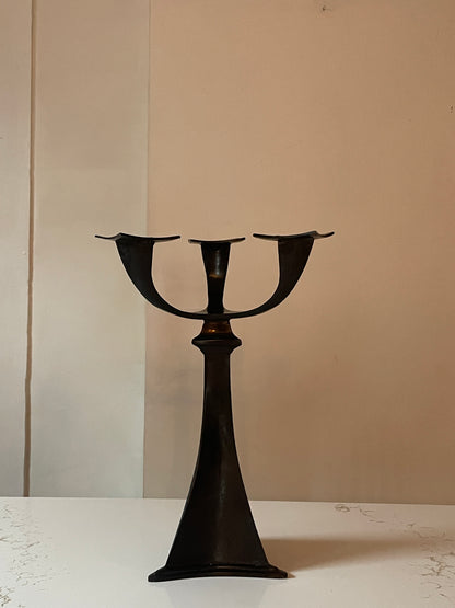 Angular Tri-Headed Black Brass Candelabra