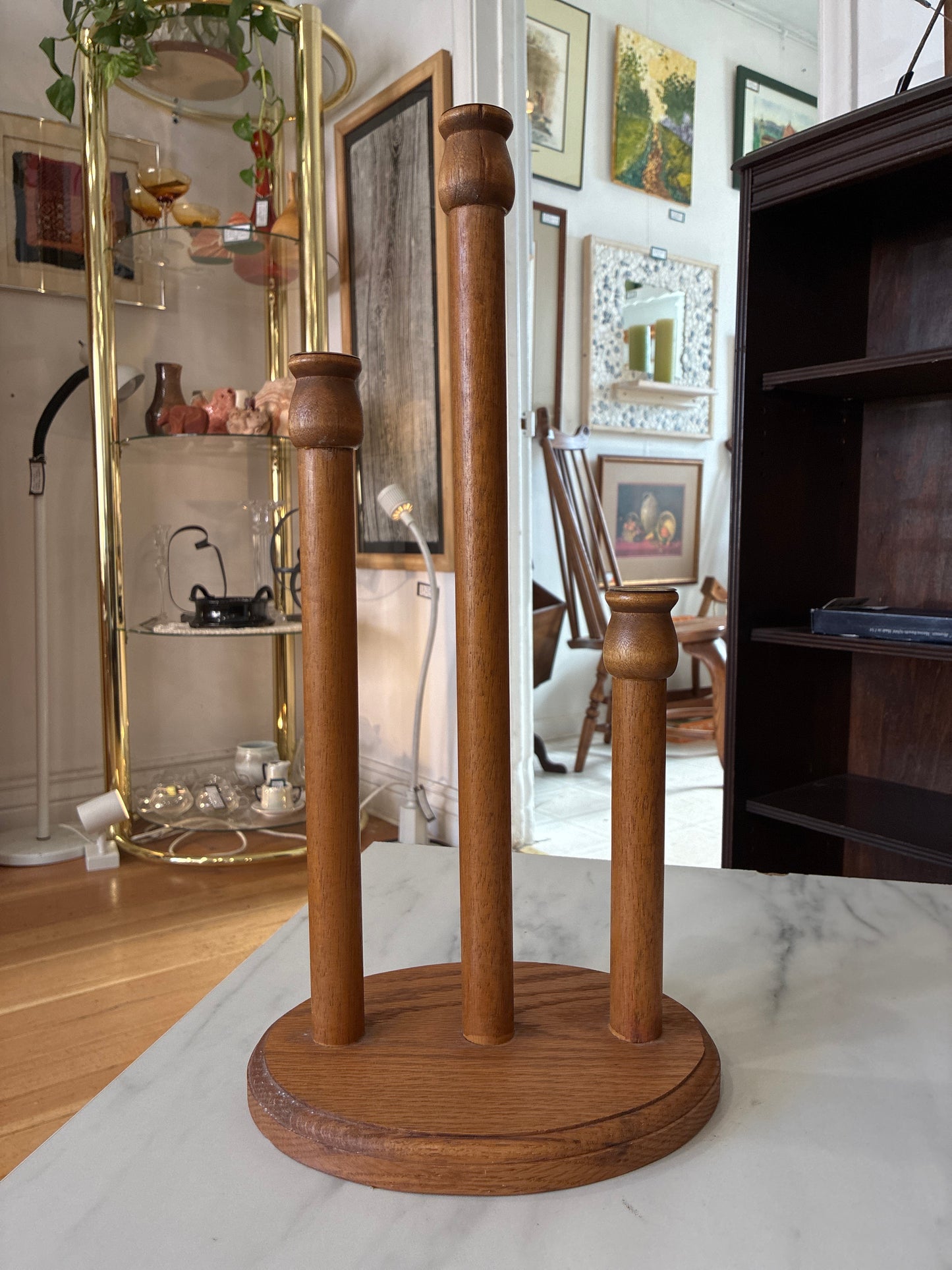 Vintage Wood Tiered Three Head Candelabra
