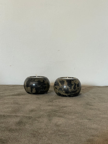 Pair of Black and Taupe Veined Marble Tea Light Candle Holders
