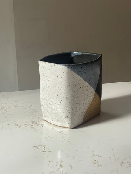 Hand Sculpted Blue Patchwork Chubby Vase Planter