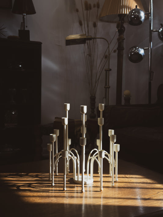 Vintage French Countryside White Metal 18 Head Candelabra with Glass Dry Vase Center