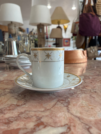 German Fine Porcelain Gold Starburst Cup and Saucer Set of 6 in Box