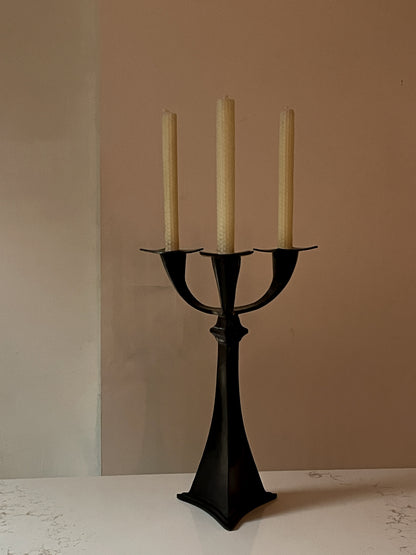 Angular Tri-Headed Black Brass Candelabra