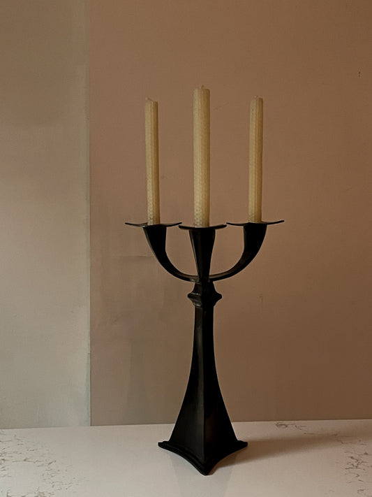 Angular Tri-Headed Black Brass Candelabra