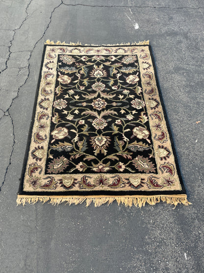 Handmade in India, “Blade Black” Floral Wool Area Rug 3ftx5ft 3.5 in