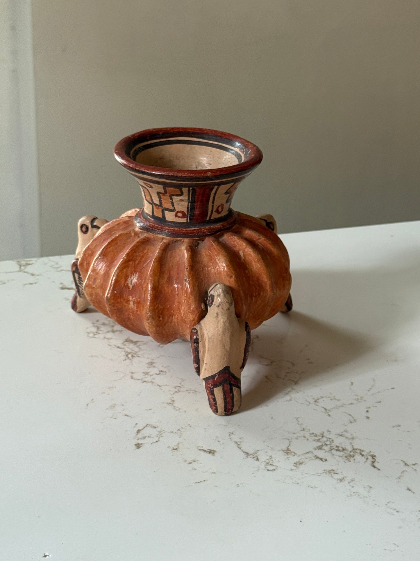 Vintage Mayan Tri-leg Red Clay Folk Art Bird Vessel with Hand Painted Mayan Patterns- RARE