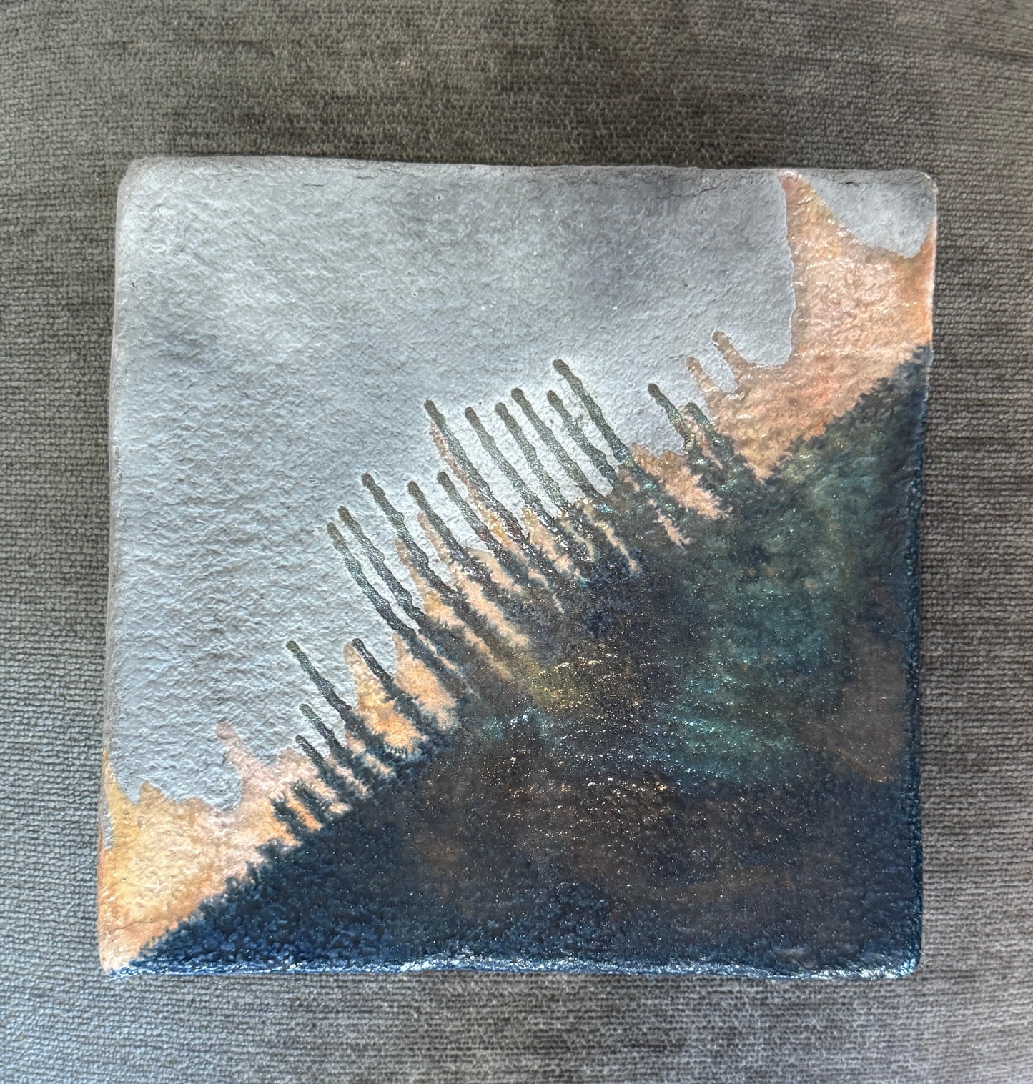 Dissim Raku Fired Blue Dry Drip Glazed Footed Plate Catch-all