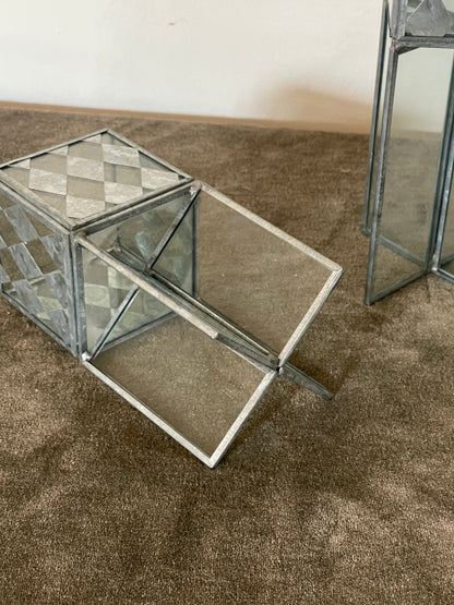 Handcrafted Diamond Metal and Glass Cubed Candle Podiums sold as a pair of 2
