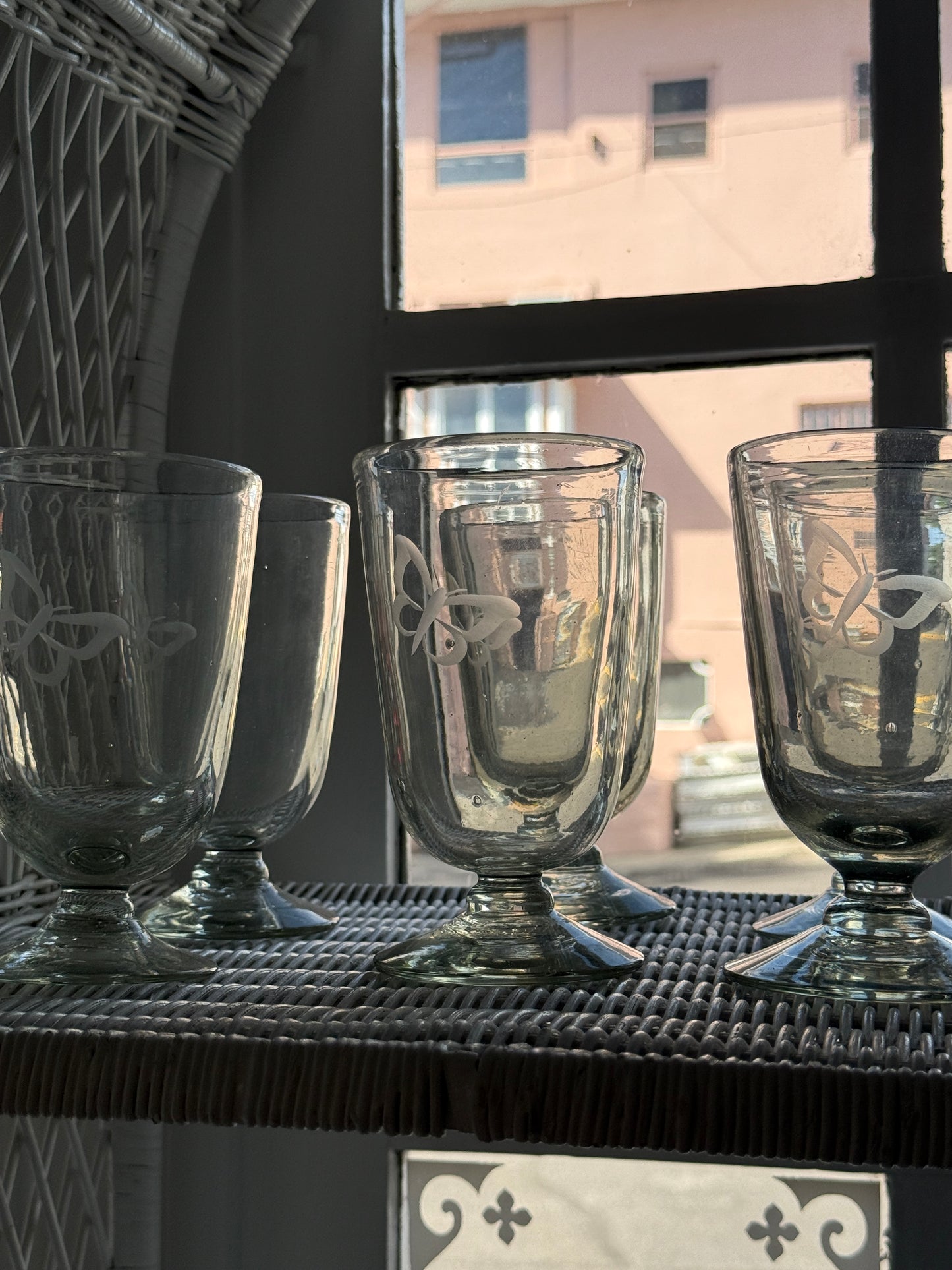 Glass Blown Butterfly Etched Chalice Glasses sold as a set of 6