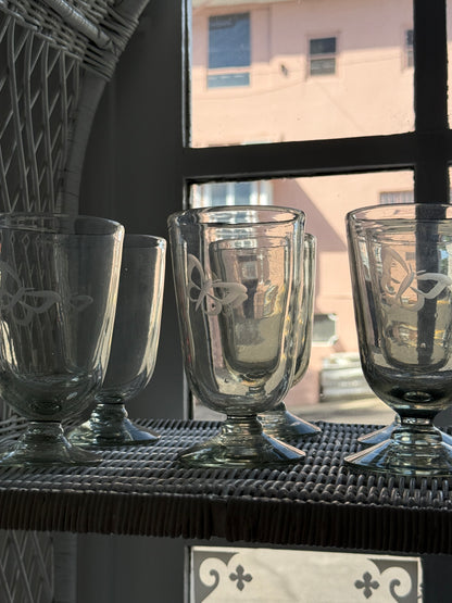 Glass Blown Butterfly Etched Chalice Glasses sold as a set of 6