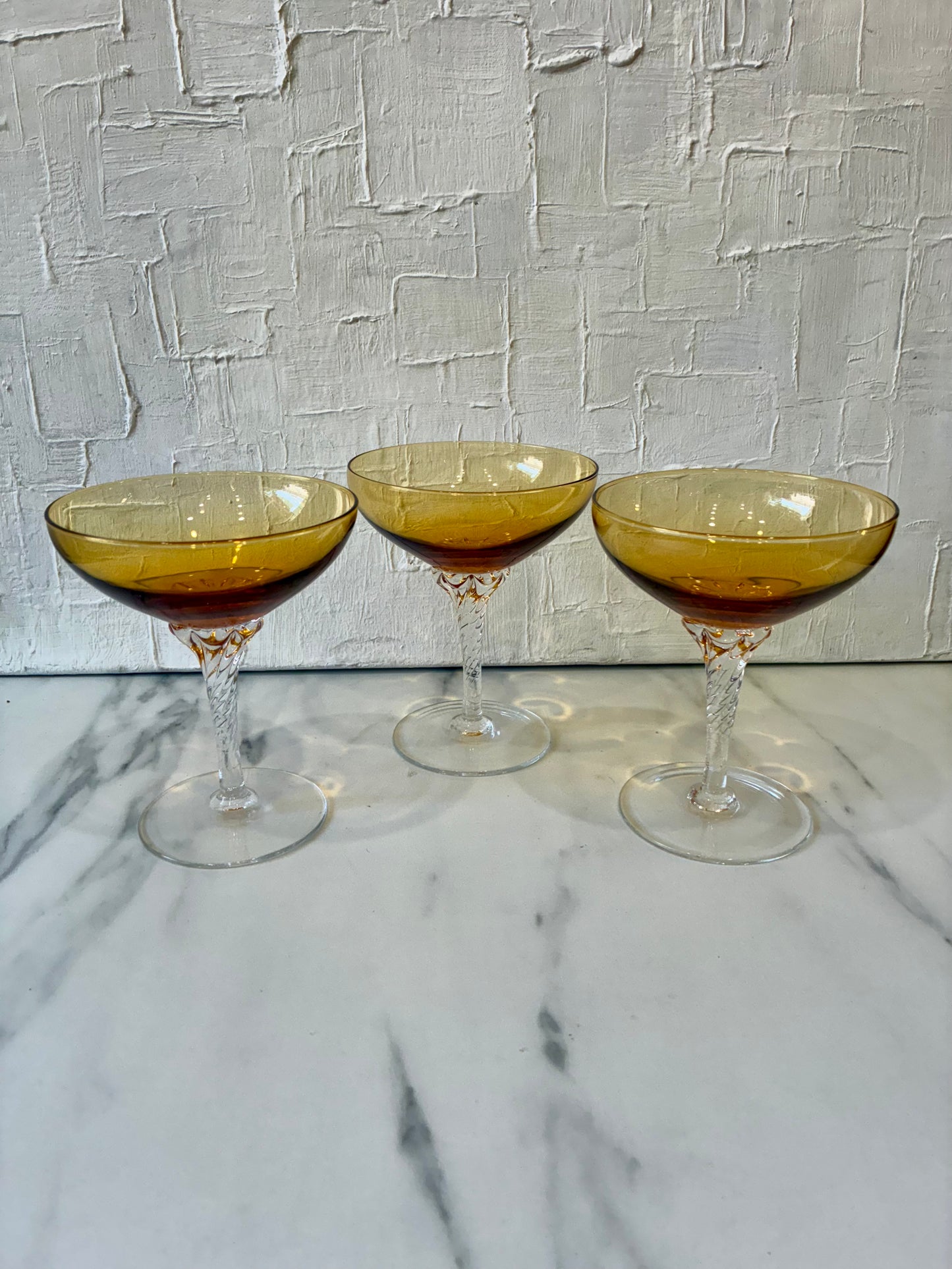 Amber Twisted Stem Blown Glass Coupe Stemware sold as set of 3
