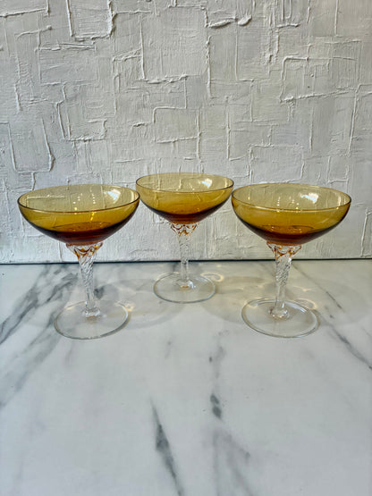 Amber Twisted Stem Blown Glass Coupe Stemware sold as set of 3