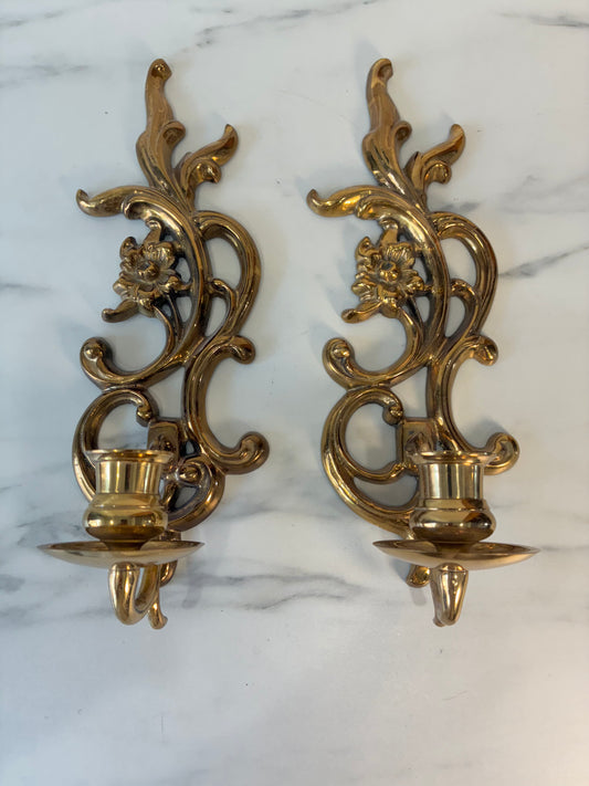Pair of Vintage Solid Brass Floral Wall Candle Sconces