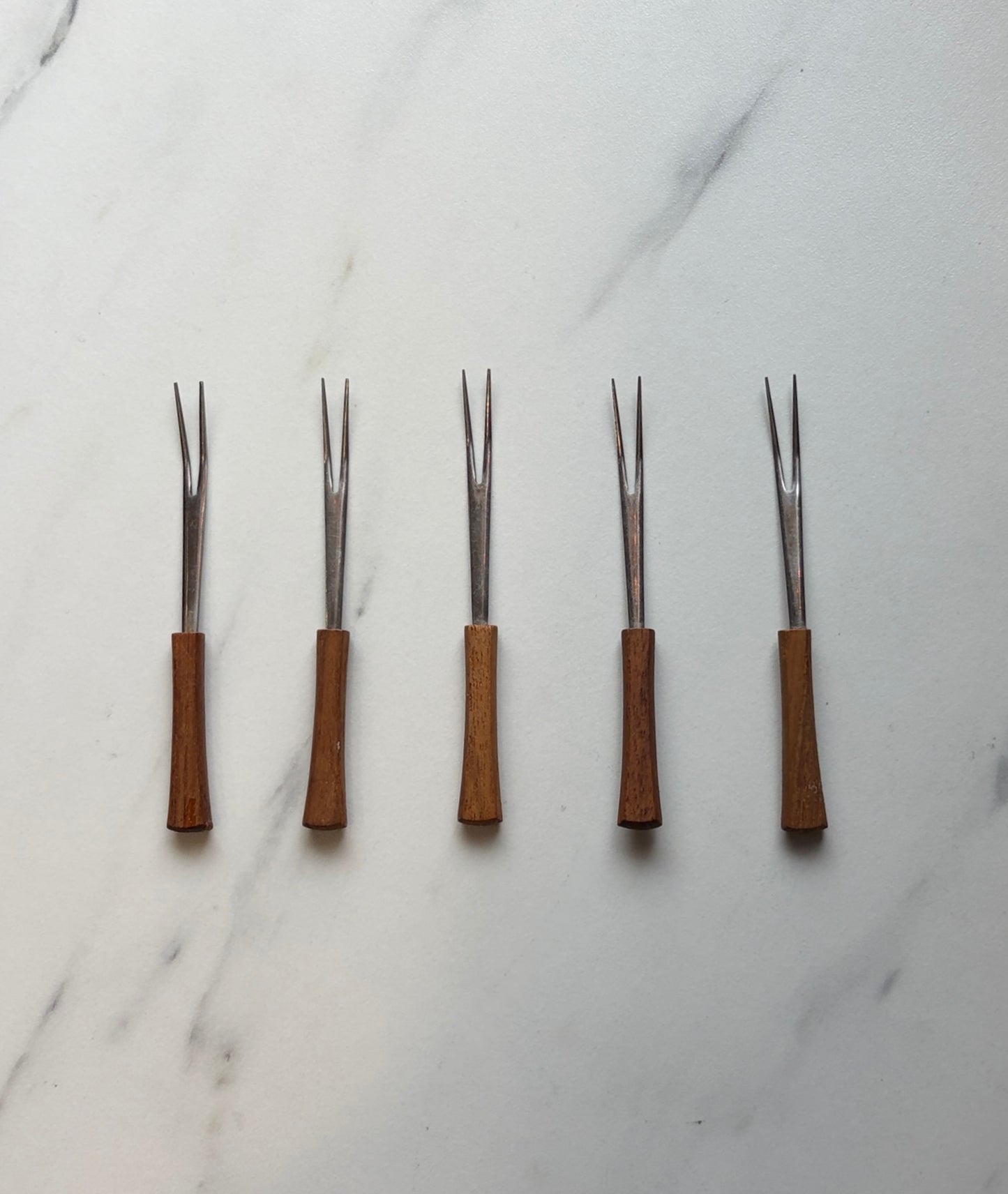MCM Teak Handle Appetizer Forks - Set of 5