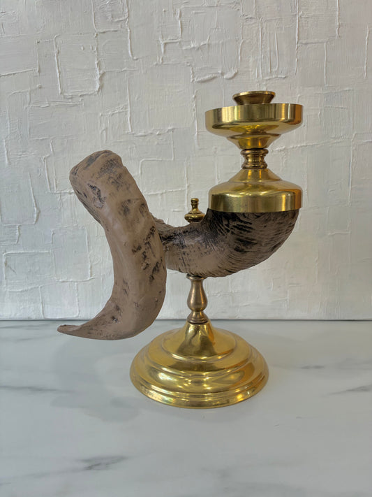 1960’s Faux Ram Horn Candle Holder in Brass Pedestal Stand