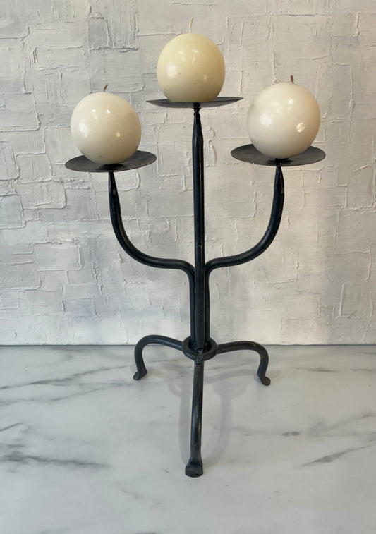 Handcrafted Welded Steel Tri-foot and Tri-head Candelabra