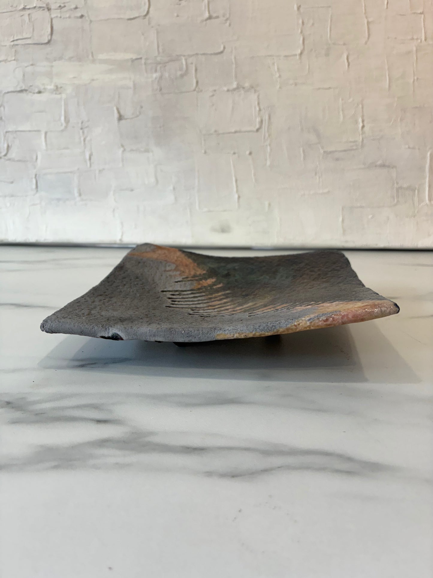 Dissim Raku Fired Blue Dry Drip Glazed Footed Plate Catch-all