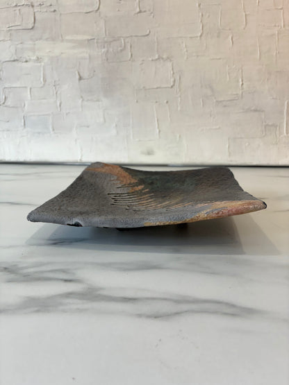 Dissim Raku Fired Blue Dry Drip Glazed Footed Plate Catch-all