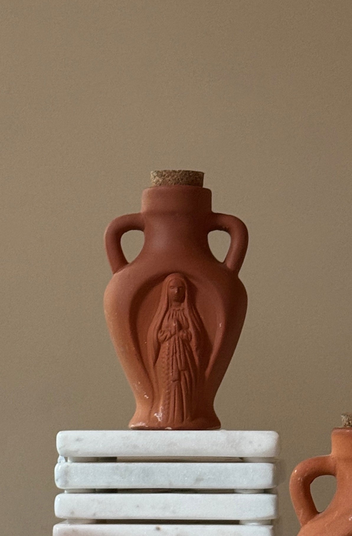 Vintage Terracotta Holy Water Vessel with Cork
