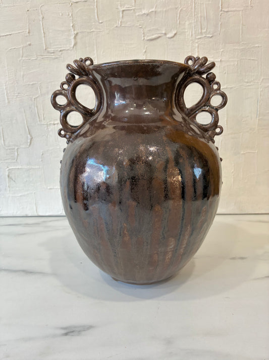 2007 Sturgeon River Pottery, Delicate Loop Dark Brown Glazed Amphora Vase