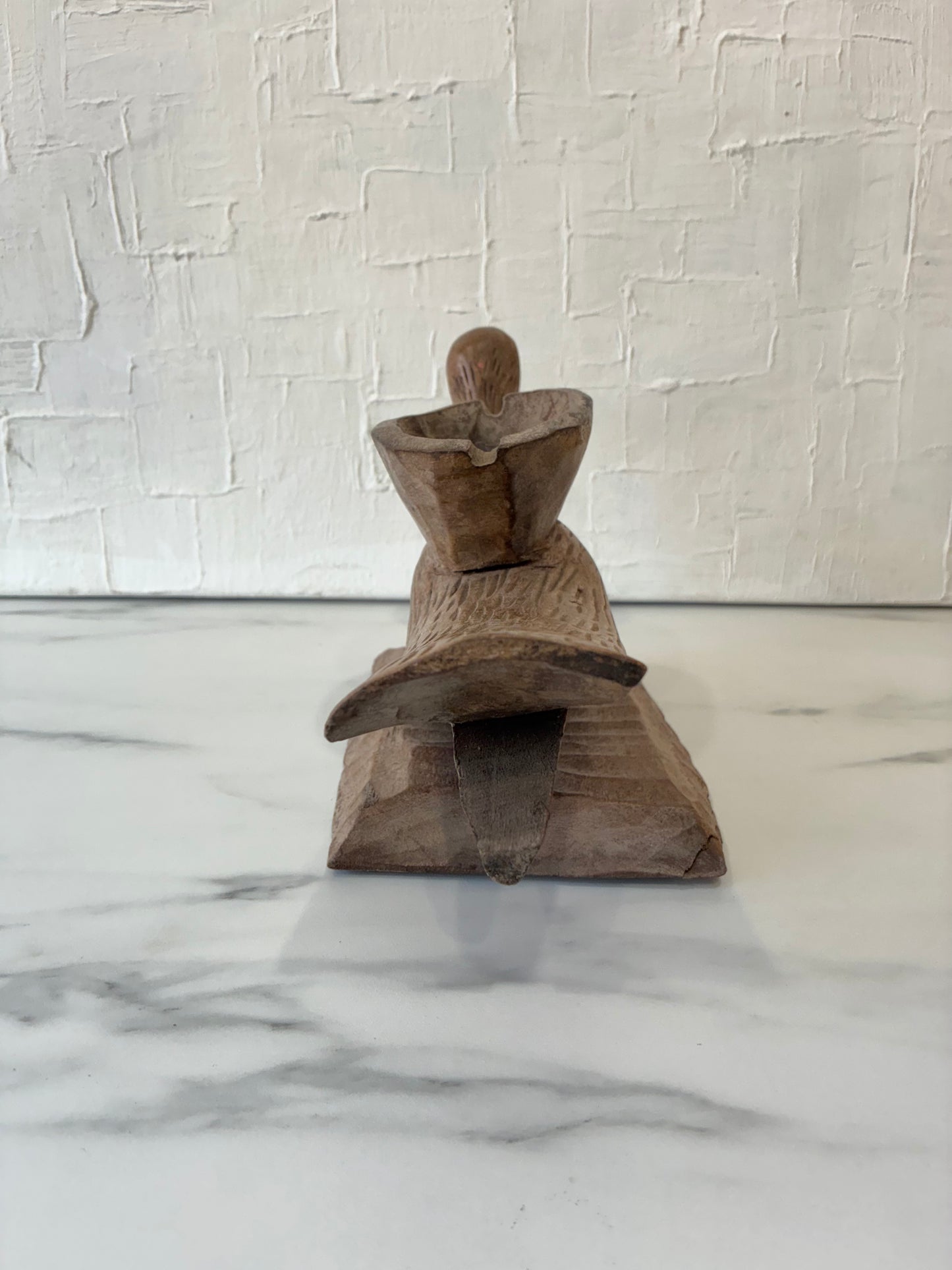 Primitive Wood Carved Folk Art Bird Figurine with Carved Bowl Back