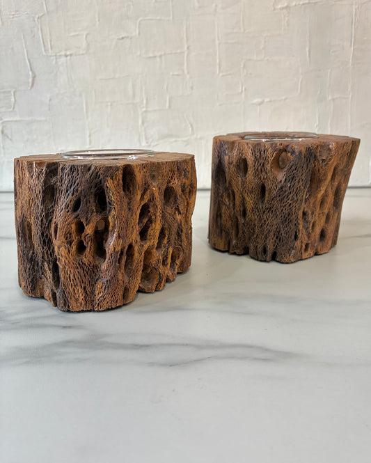 Pair of Cholla Wood Tea Light Candle Holders with Glass Inserts